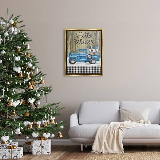 Stupell Industries Hello Winter Plaid Gnomes Gold Framed Floater Canvas Wall Art